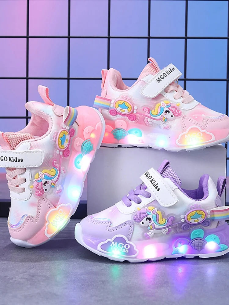 Mgo Kidss New Spring and Autumn Girls' Shoes, Light-Up Shoes, Flashing Shoes, Rainbow Pony Shoes, Kidsren's Sports Shoes, Girls' Soft-Soled Shoes, Running Shoes, Pink Shoes, Princess Kidsren's Shoes, Suitable for Ages 1-3-6,