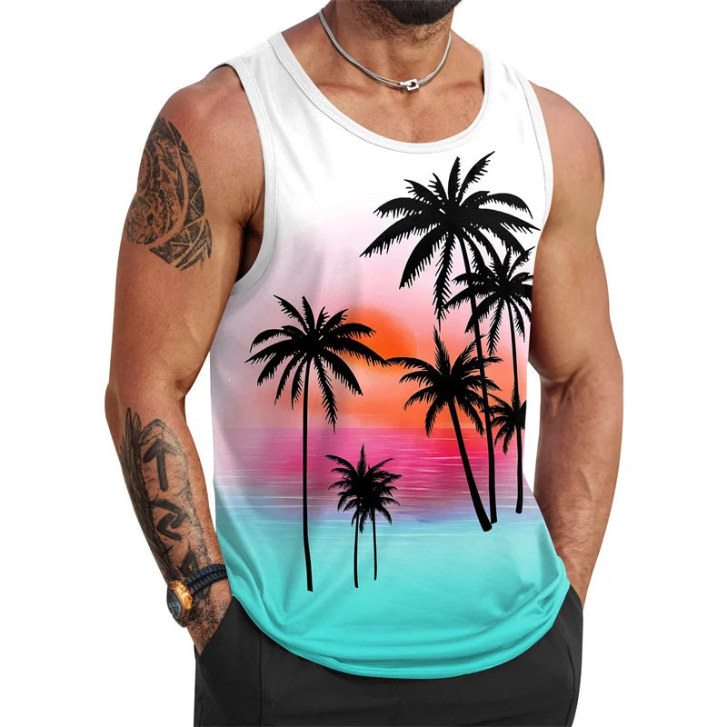 Tropical Palm Tree Pattern Tank Top Men 3d Printing Sleeveless T Shirt Summer Street Hawaiian Beach Workout Fitness Tee Shirts