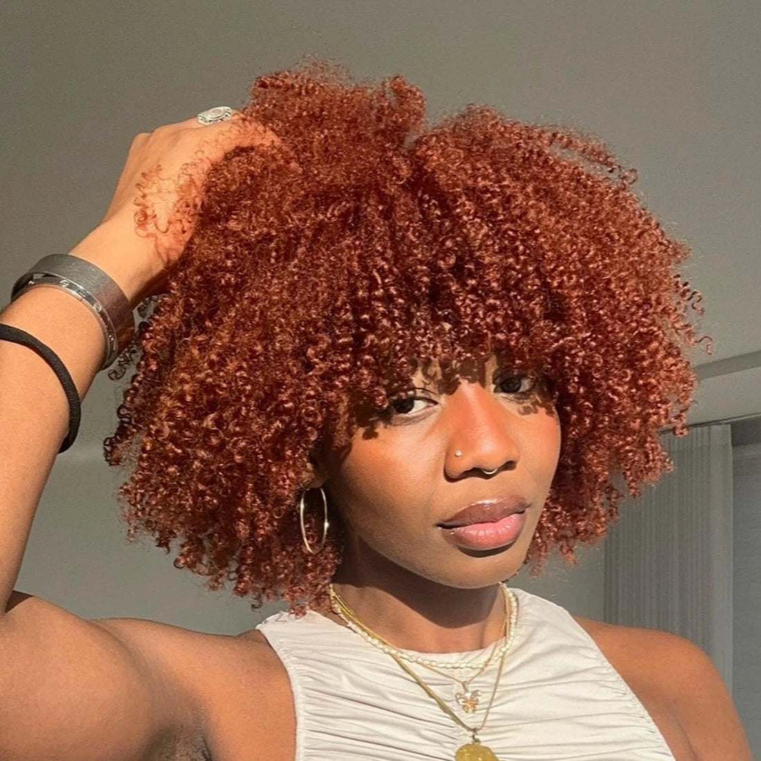 Orange Ginger Short Kinky Curly Wig with Bang Afro Curly Wig Human Hair No Lace Wigs With Bangs Honey Blonde Wig for Women