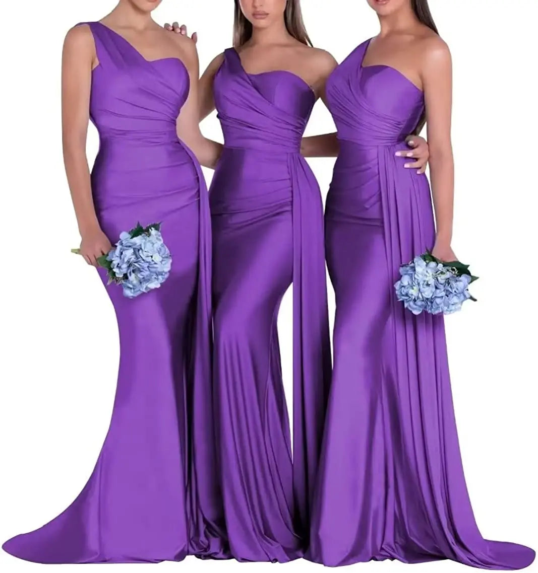 Women's One Shoulder Mermaid Satin Bridesmaid Dresses with Slit 2025 Elegant Pleated Long Formal Evening Party Gowns Customized