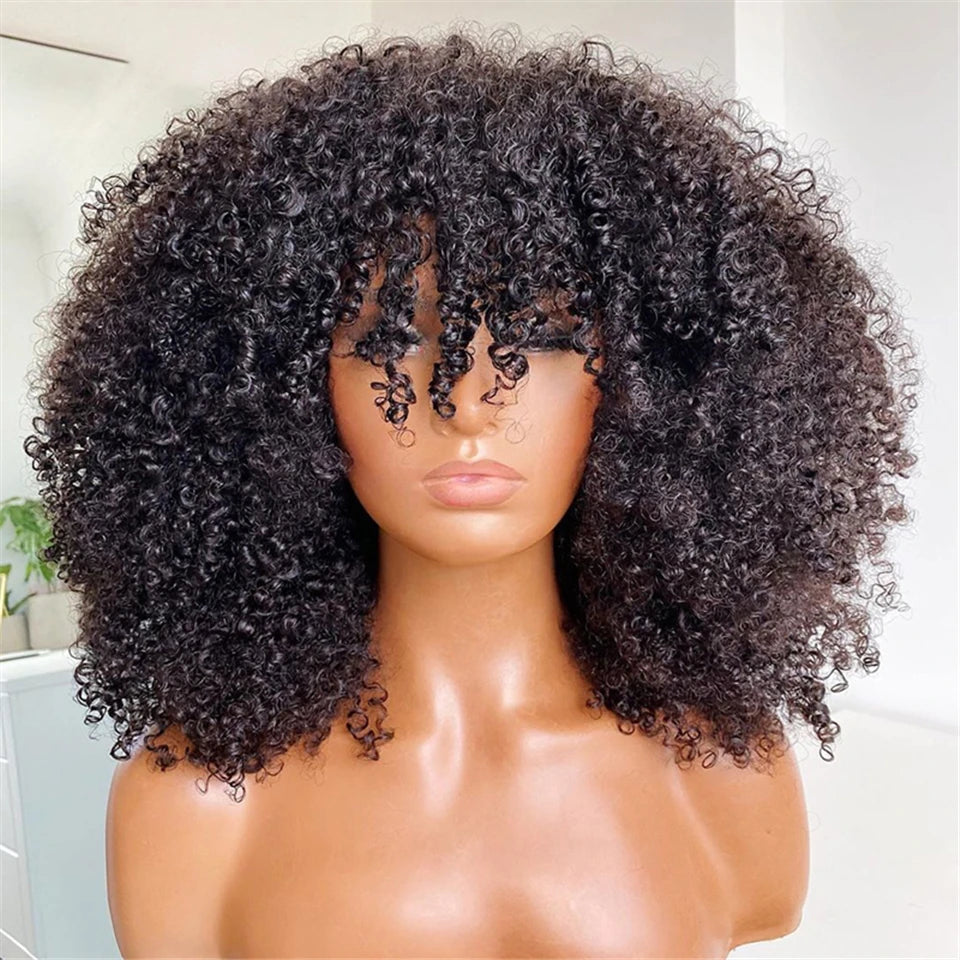 Orange Ginger Short Kinky Curly Wig with Bang Afro Curly Wig Human Hair No Lace Wigs With Bangs Honey Blonde Wig for Women
