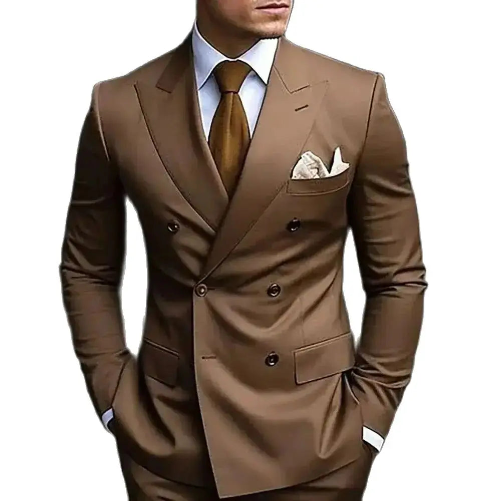 High Quality Brown Men Suits 2024 Double Breasted Bespoke Wedding Suit Peaked Lapel Formal Blazer Slim Fit 2 Piece Jacket Pants