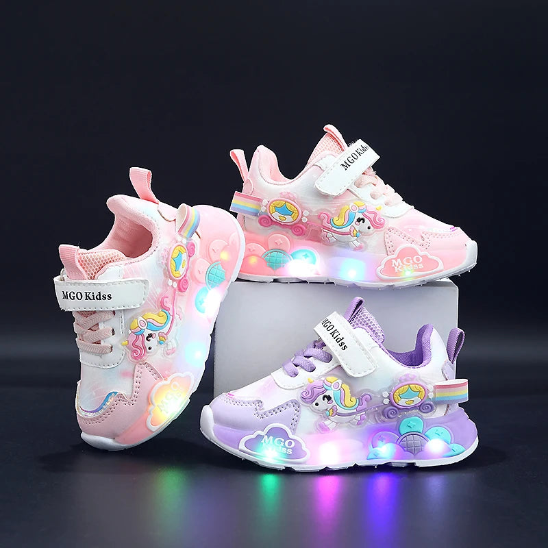 Mgo Kidss New Spring and Autumn Girls' Shoes, Light-Up Shoes, Flashing Shoes, Rainbow Pony Shoes, Kidsren's Sports Shoes, Girls' Soft-Soled Shoes, Running Shoes, Pink Shoes, Princess Kidsren's Shoes, Suitable for Ages 1-3-6,