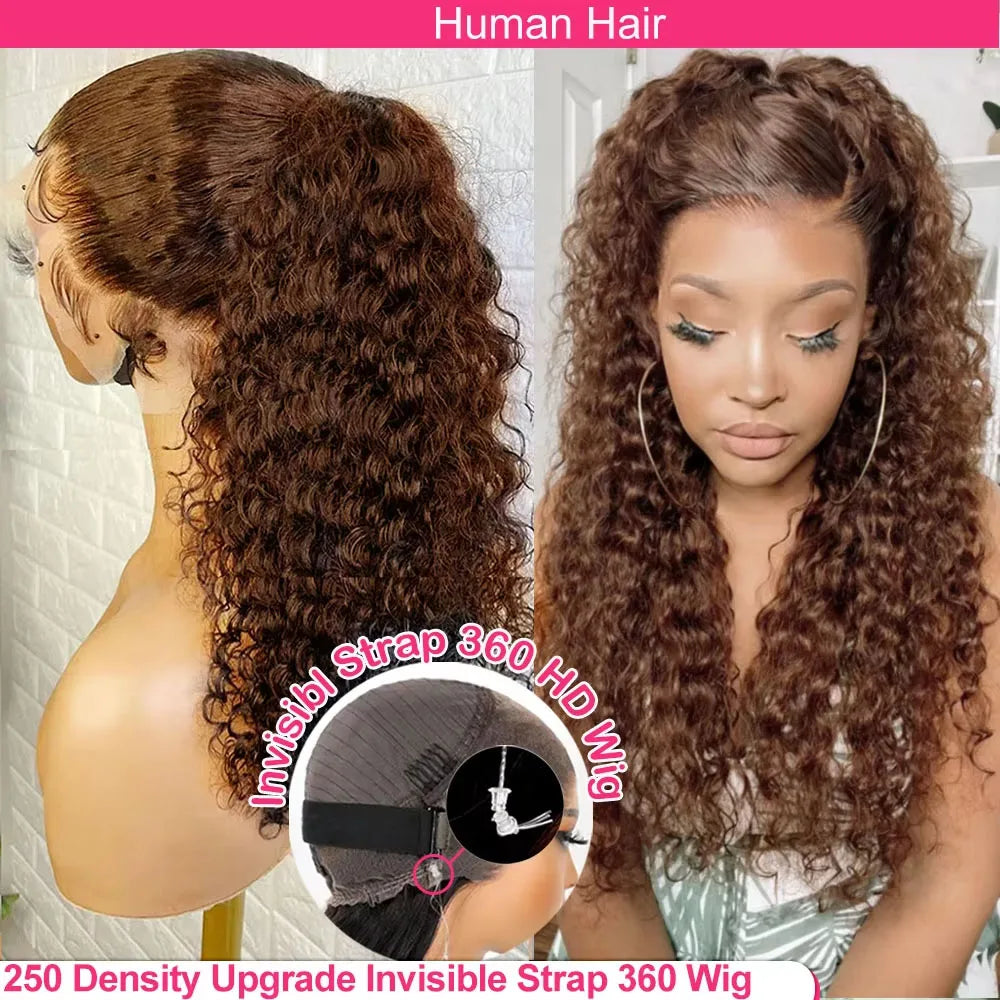 250 Density Deep Wave 360 Lace Front Human Hair Wig Water Wave Colored Lace Frontal Wig Chocolate Brown Glueless Wig Human Hair