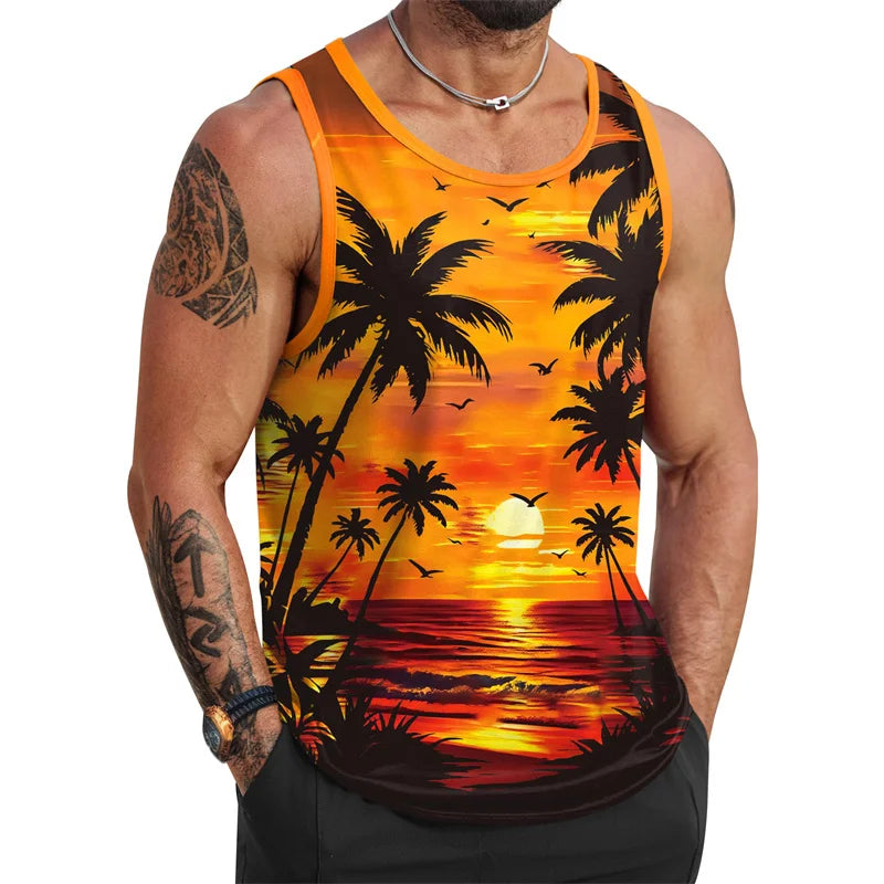 Tropical Palm Tree Pattern Tank Top Men 3d Printing Sleeveless T Shirt Summer Street Hawaiian Beach Workout Fitness Tee Shirts