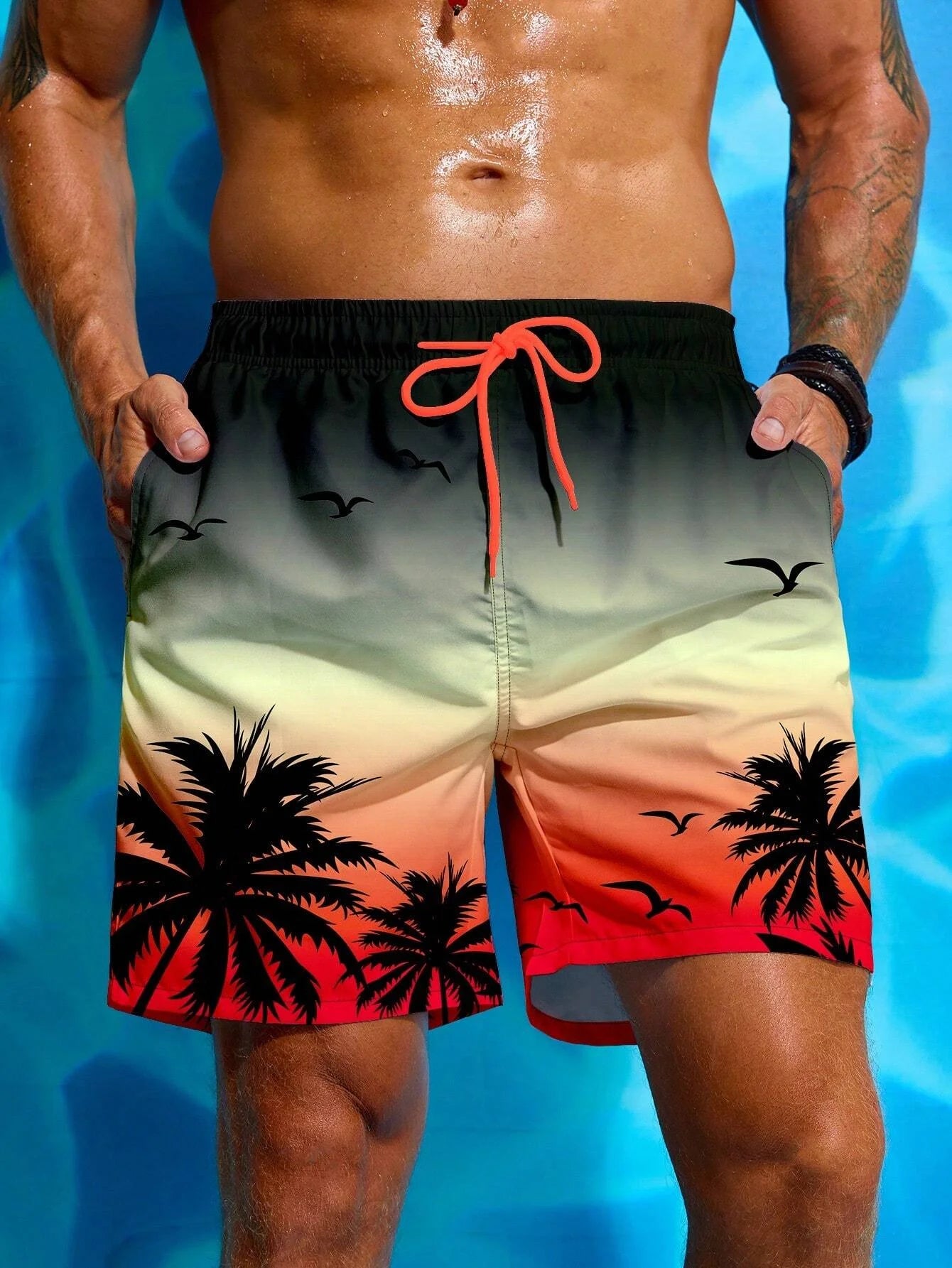 Vacation Men's Palm Tree Print Drawstring Waist Board Shorts Summer  Fashion Swim Trunks 3D Print Breathable Short Streetwear