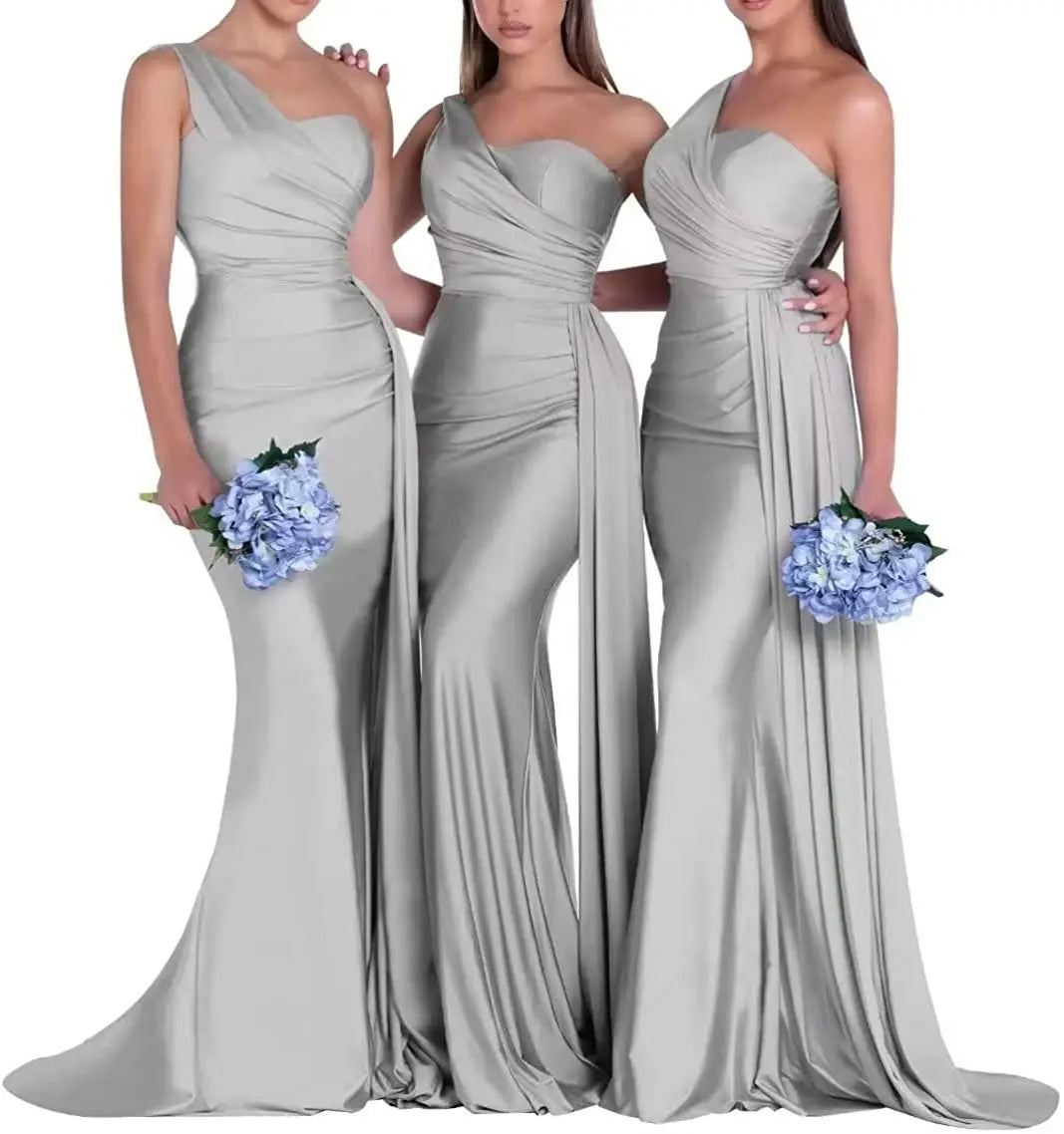 Women's One Shoulder Mermaid Satin Bridesmaid Dresses with Slit 2025 Elegant Pleated Long Formal Evening Party Gowns Customized