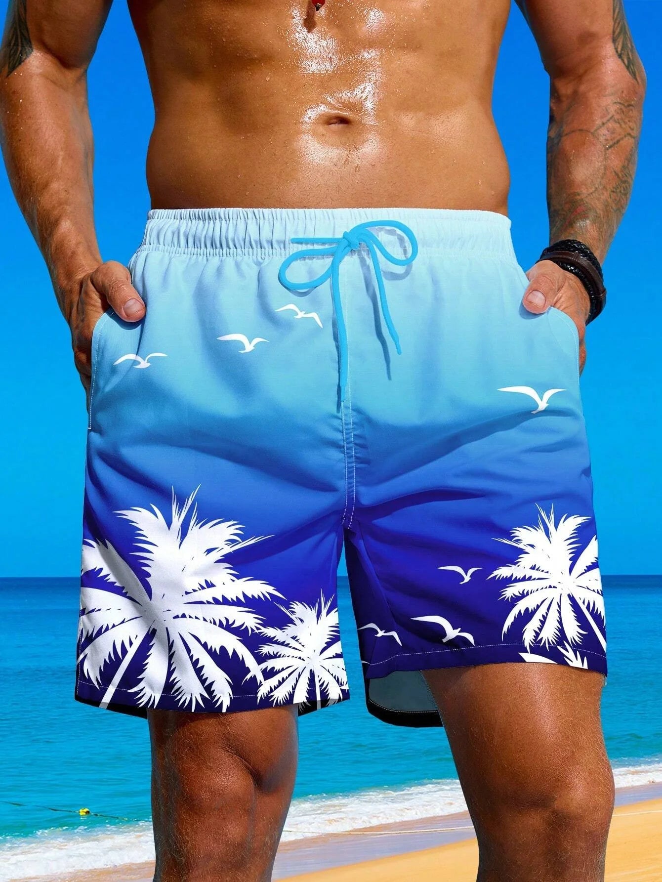 Vacation Men's Palm Tree Print Drawstring Waist Board Shorts Summer  Fashion Swim Trunks 3D Print Breathable Short Streetwear