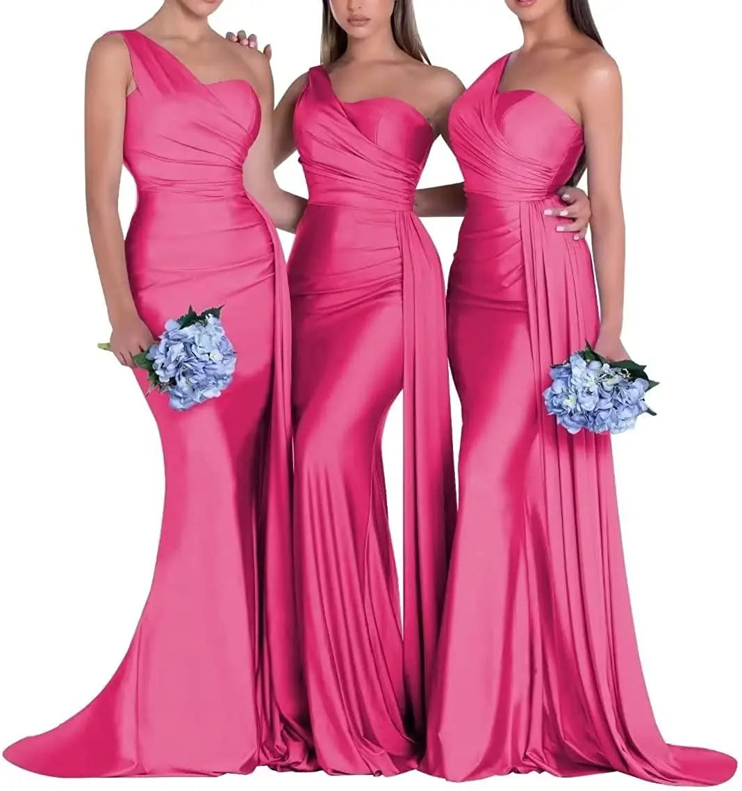 Women's One Shoulder Mermaid Satin Bridesmaid Dresses with Slit 2025 Elegant Pleated Long Formal Evening Party Gowns Customized