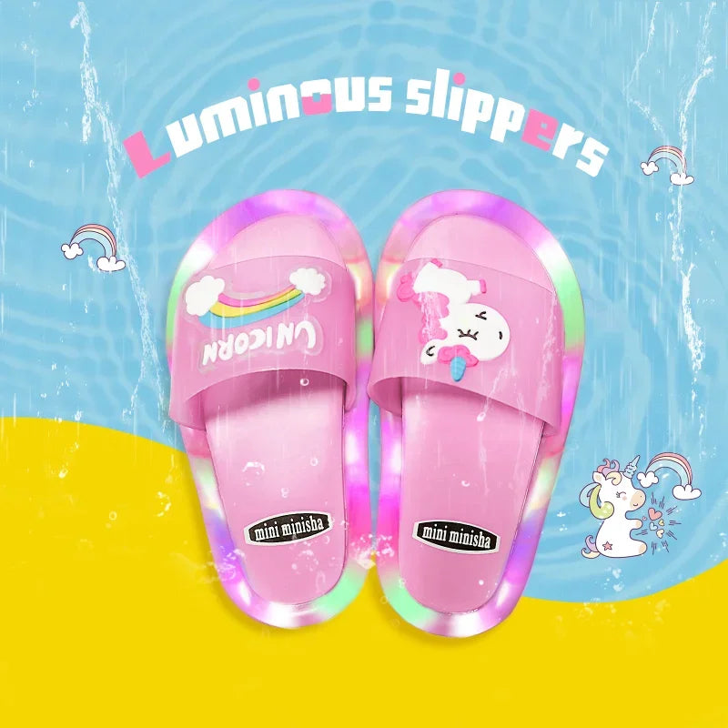 Lighted Cute Unisex Children Slippers Cartoon Unicorn Animals Prints Fashion Shoes Bathroom Kids Boys Girls Toddler Slippers