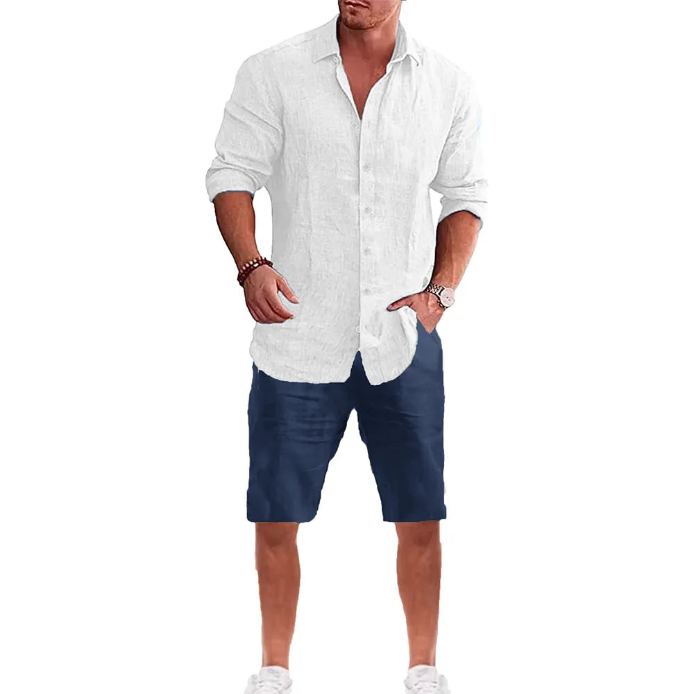 Men's Long Sleeve Shirt Suit Casual Simple Style Lapel Collar Lightweight Breathable Outfit Male Fashion Sets Spring Summer