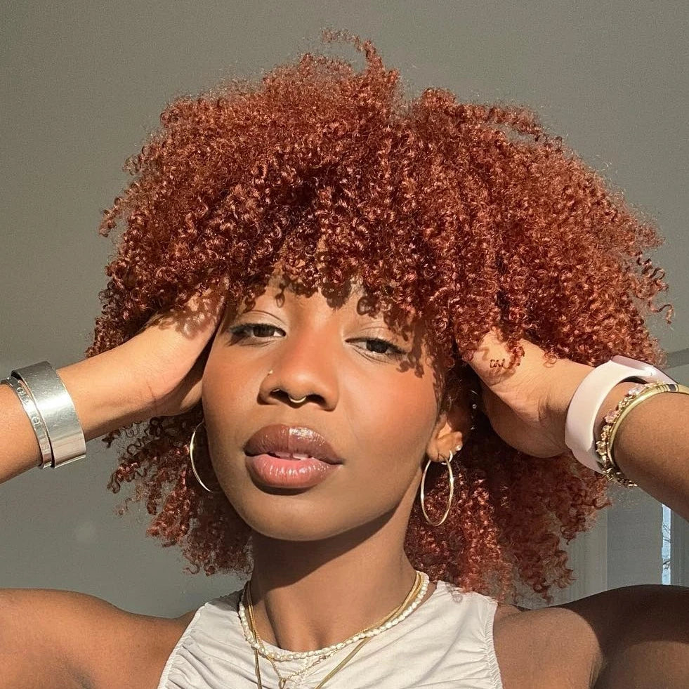 Orange Ginger Short Kinky Curly Wig with Bang Afro Curly Wig Human Hair No Lace Wigs With Bangs Honey Blonde Wig for Women